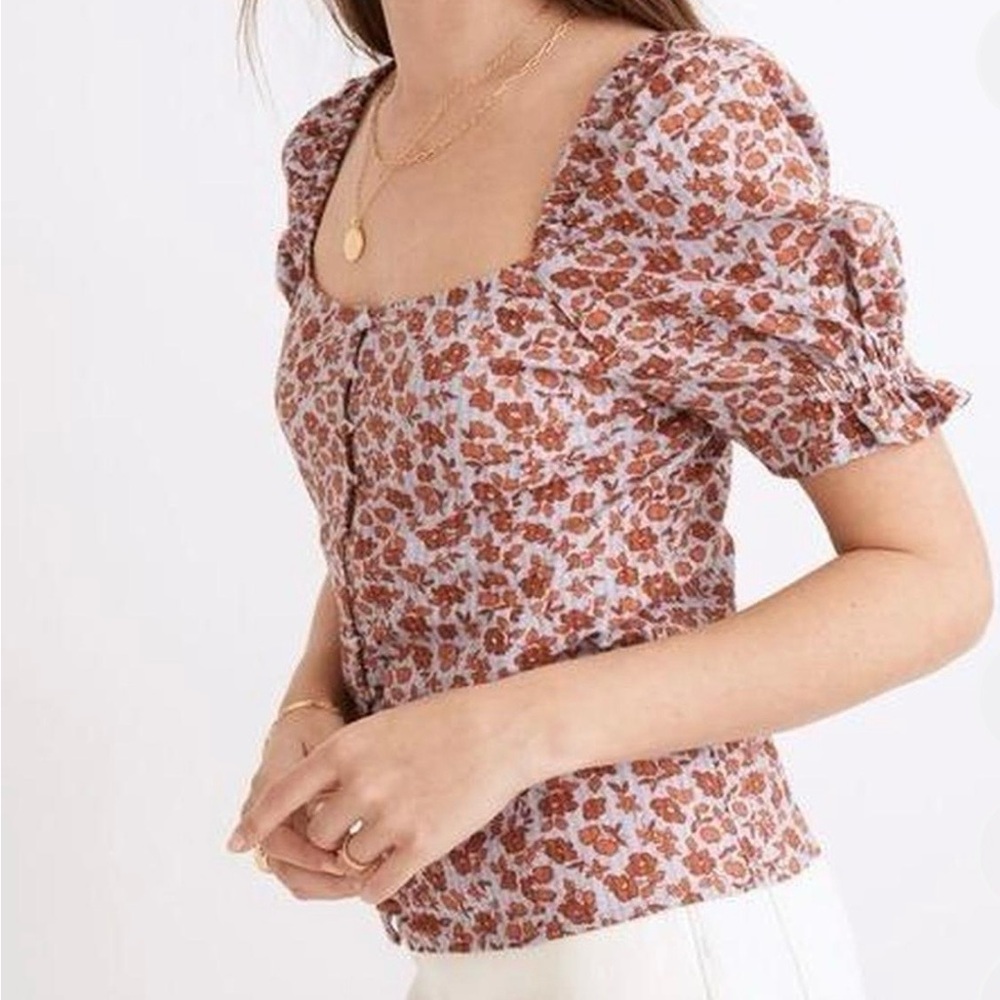 Madewell Lavender Puff Sleeve Floral Blouse with Rust Flowers - Picture 4 of 4
